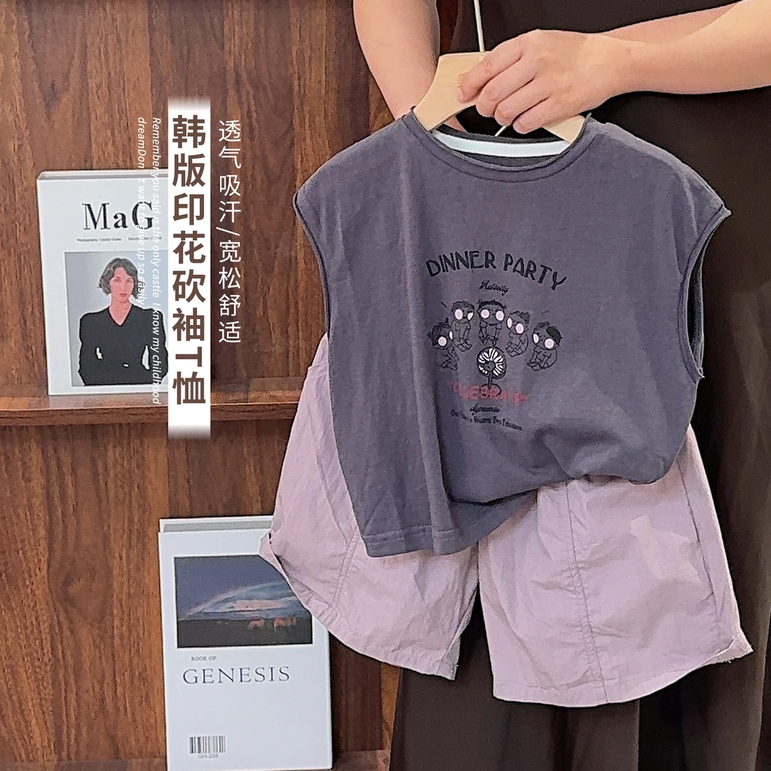 《夏上新》韩版男女童字母卡通印花无袖T恤中小童背心上衣25XL1126