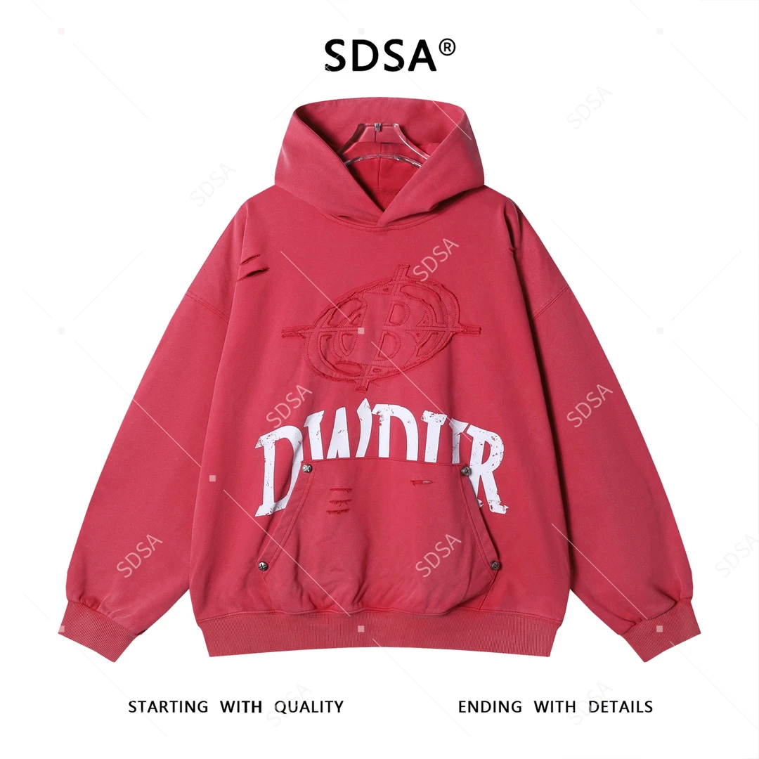 SDSA秋冬新款痞帅男装潮牌割破印花字母连帽卫衣贴布设计百搭高街