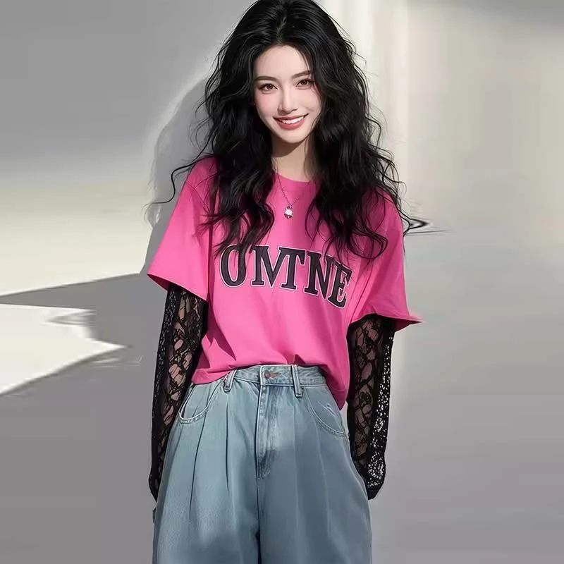 高级感蕾丝拼接假两件上衣女款2025新款夏季洋气字母印花长袖t恤