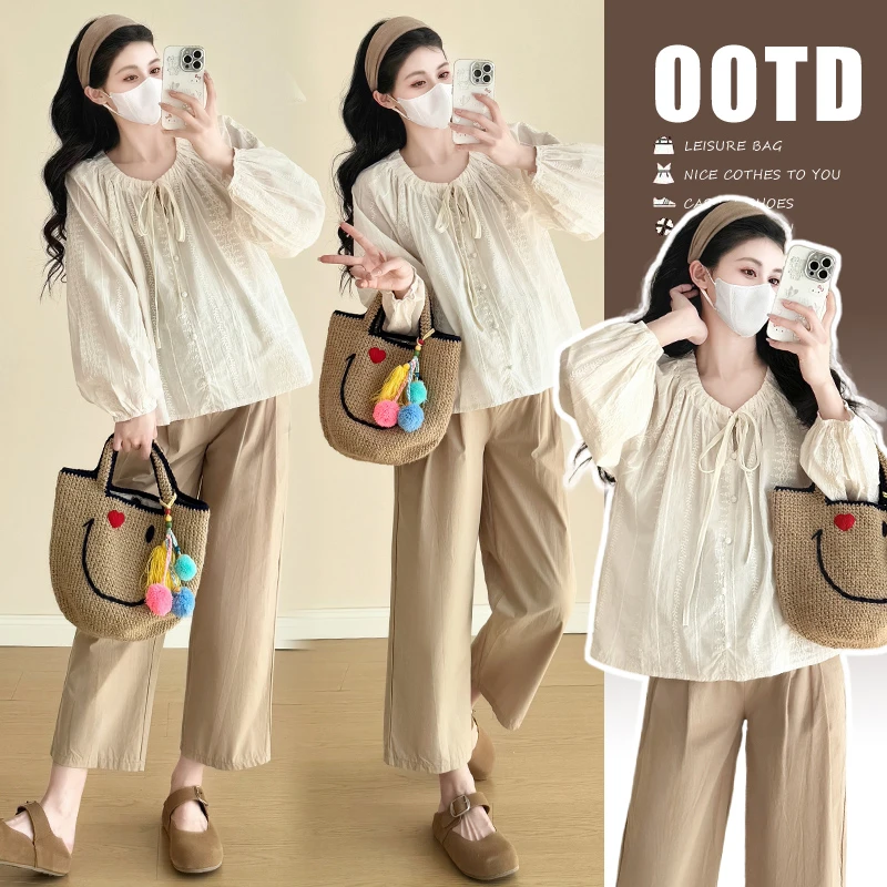 孕妇衬衫春秋时尚宽松显瘦洋气减龄提花系带领衬衣＋托腹直筒裤套