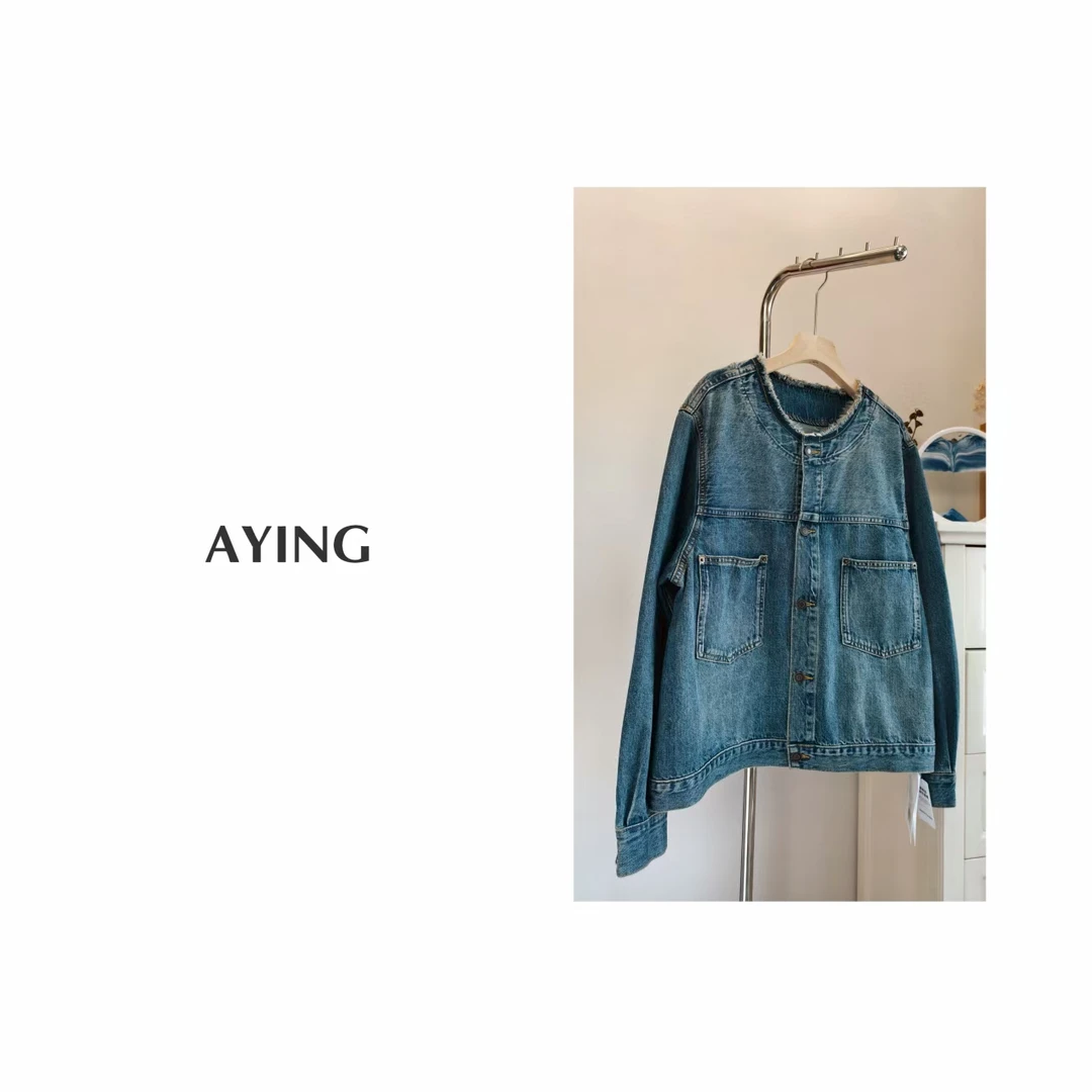AYING  女士  流苏毛边圆领水洗牛仔外套