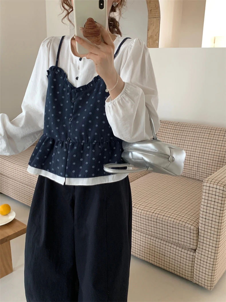 大码早秋新款日系碎花波点吊带假两件拼接上衣女百搭长袖
