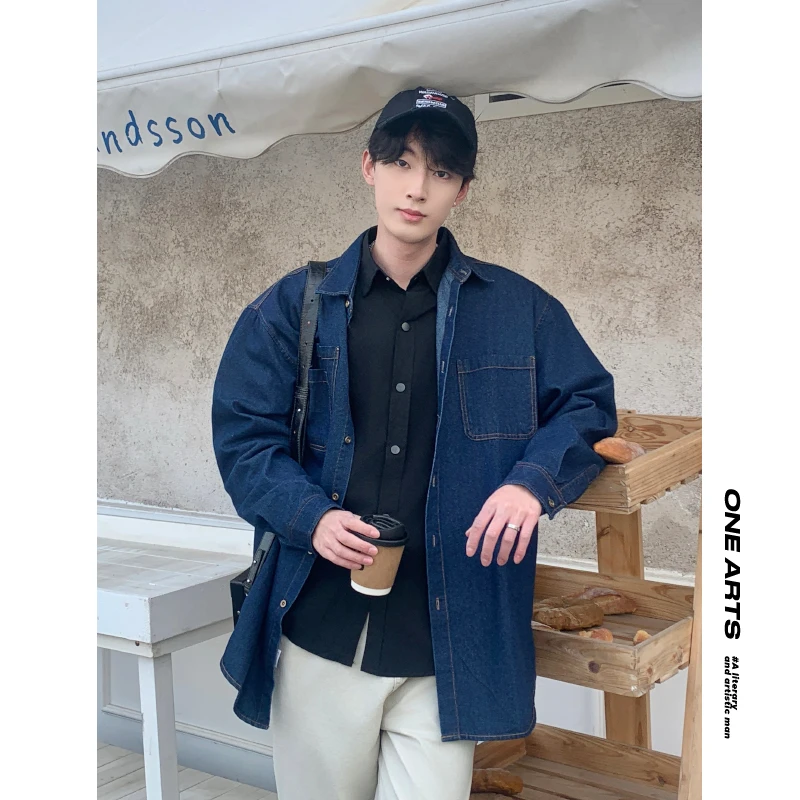 【ONEARTS衬衫】春季新款美式复古水洗蓝宽松牛仔翻领长袖衬衫