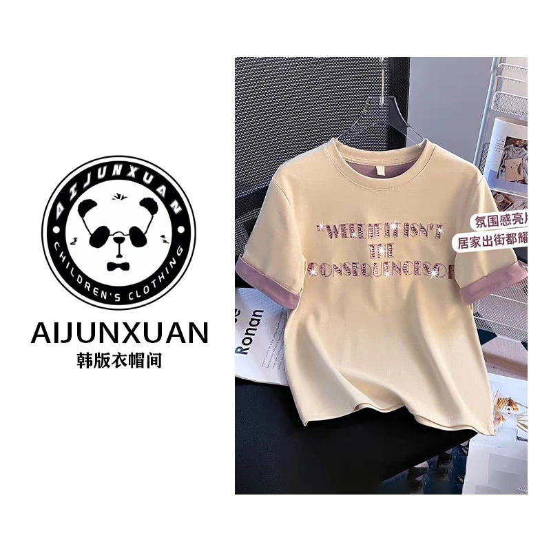 【现货】2025韩版夏季新款短袖T恤女设计感拼色字母珠片绣休闲百搭