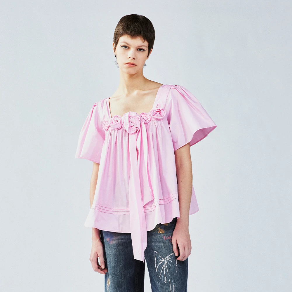 UOOYAA/乌丫2025夏季新款「自由的花」立体盘花娃娃衫6142