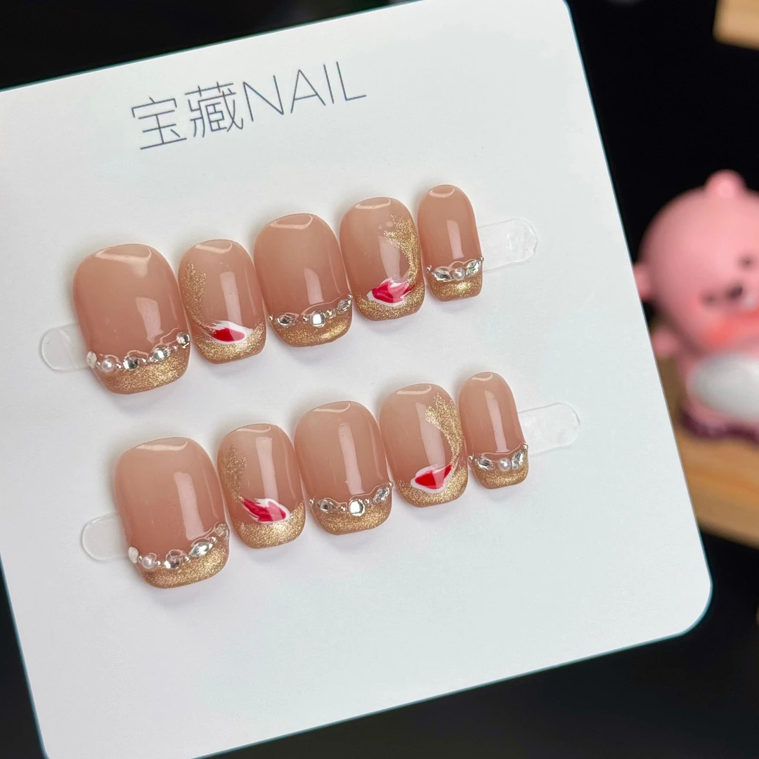 【锦鲤】纯手工穿戴甲10片 新年氛围感手绘法式美甲