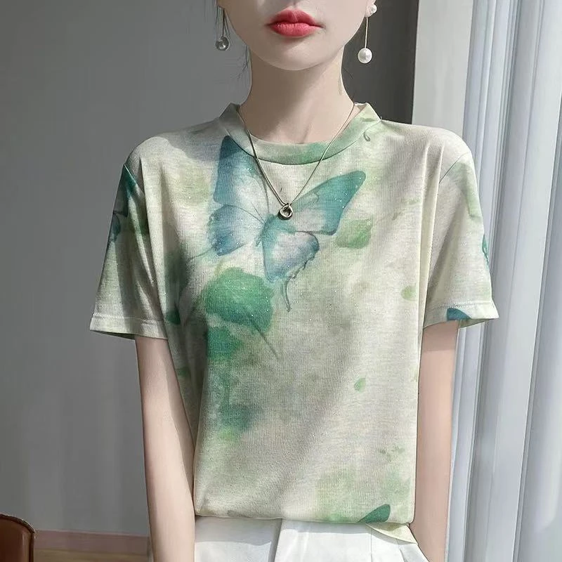 夏季新款莱赛尔天丝印花撒银薄款短袖女宽松圆领显瘦时尚半袖