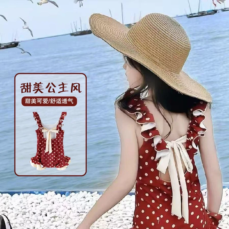 夏季女童泳衣宝宝连体显瘦波点荷叶边甜美公主风韩版红色无袖童装
