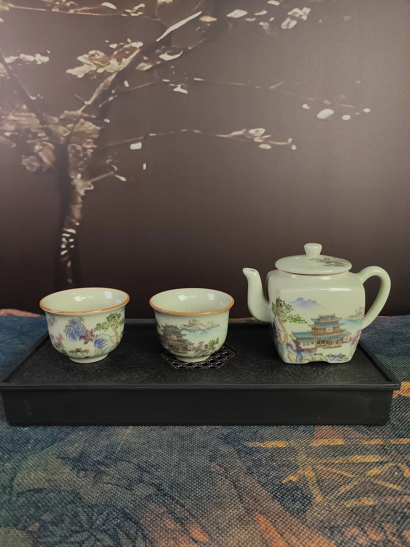 世外桃源汝窑四方壶加两杯加茶盘-ZH1400