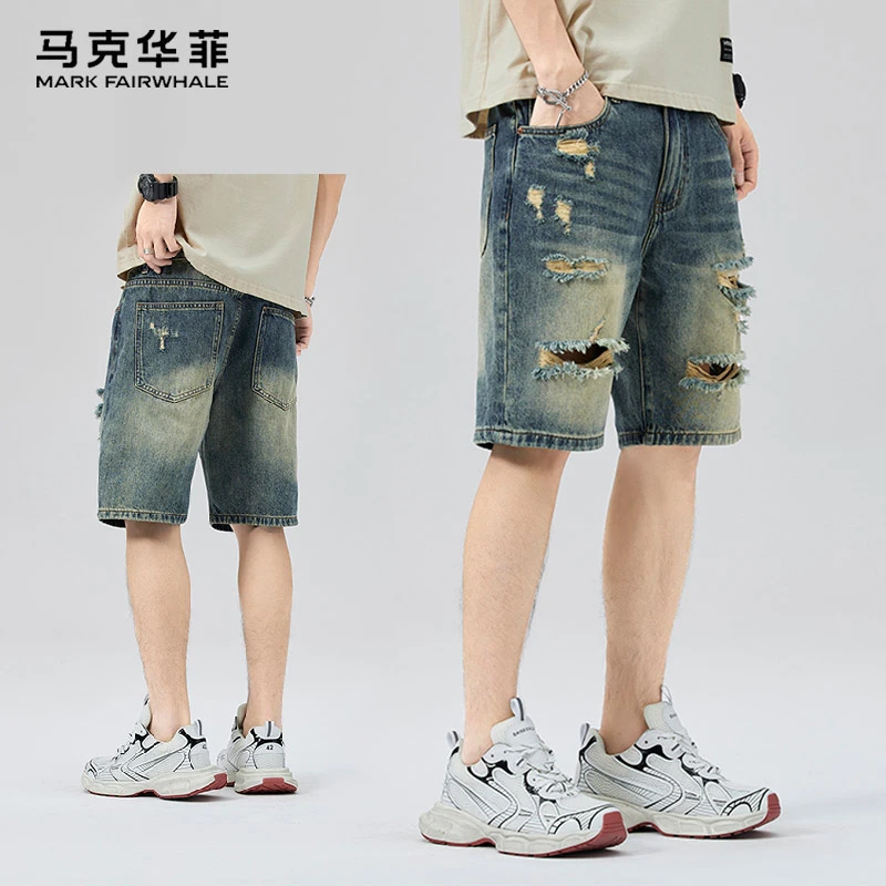 马克华菲牛仔短裤男生破洞复古休闲中裤夏季宽松潮牌痞帅五分裤子