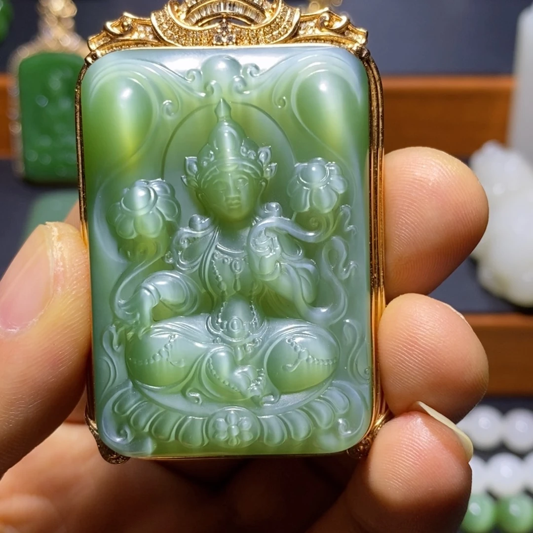 丞***活和田玉（碧玉）18K金镶嵌吊坠(不含链)