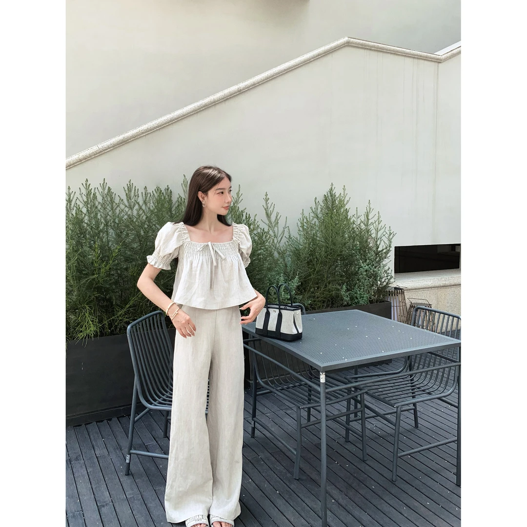 施薇靓 日晒沙丘 天丝亚麻方领荷叶边上衣直筒阔腿长裤时尚套装女