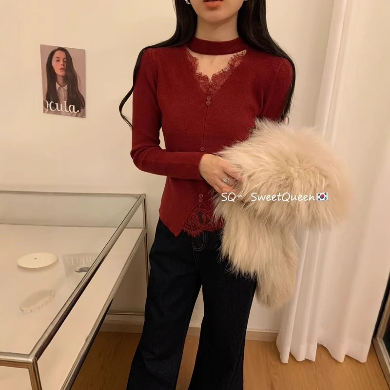 莲叶#小众设计感挂脖领针织衫女秋冬新款名媛修身打底衫长袖上衣