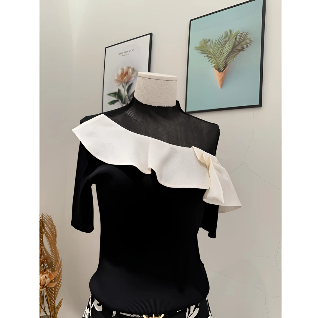 时尚落肩袖毛针织衫上衣修身型短款衬衫夏季常规款显瘦