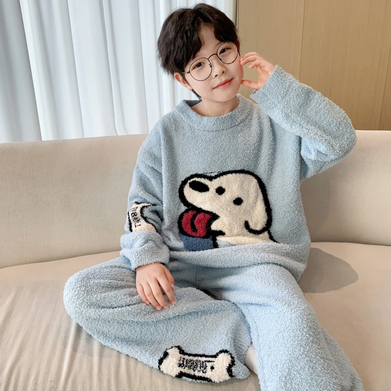 男童秋冬款珊瑚绒睡衣套装2025新款冬季加绒儿童加厚半边绒家居服