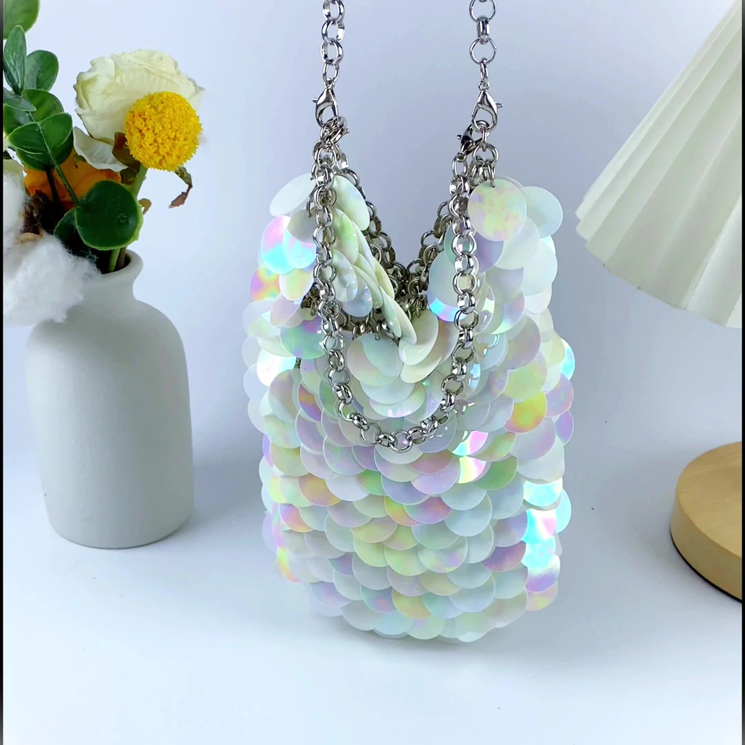 新款闪亮buling金属鱼鳞亮片包手工编织宴会亮片手机包斜挎女包包