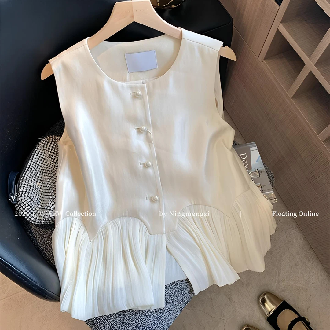 荷叶边拼接珠光缎面无袖上衣女2025夏季新款法式温柔气质减龄背心