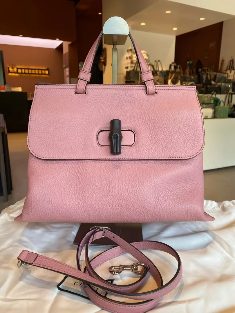 95新 GUCCI/古驰 大力中古/大容量粉色竹节牛皮手提单肩包