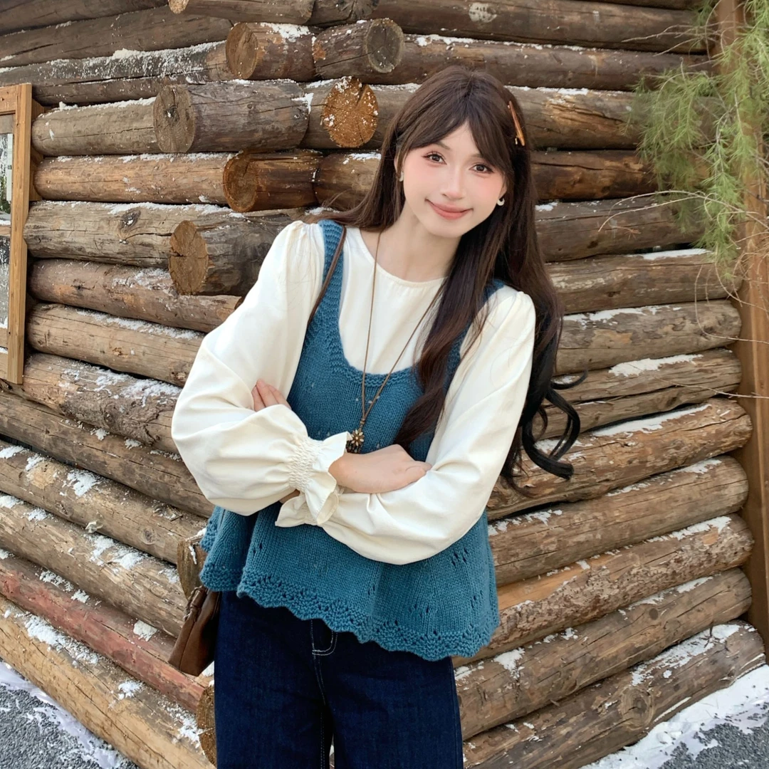 【真两件套】慕兔法式温柔甜美喇叭袖衬衫搭针织吊带两件套女套装