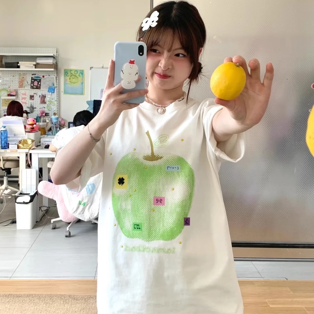 凡他姨【苹果气泡饮】夏季可爱直喷印花T恤宽松纯棉圆领短袖休闲