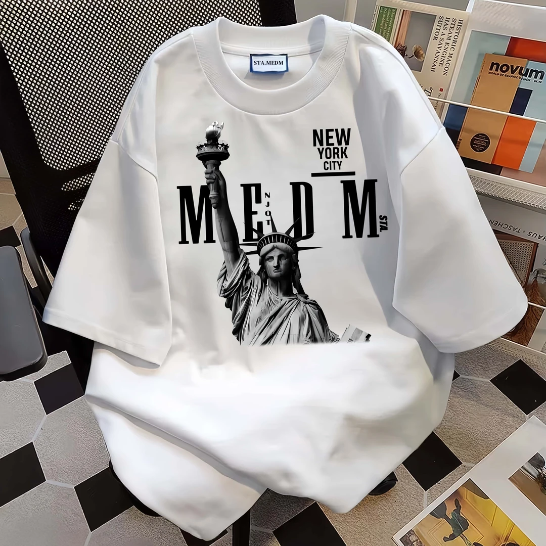 STA.MEDM国潮美式潮牌复古纽约石像高级侣短袖T恤男女夏季上衣潮