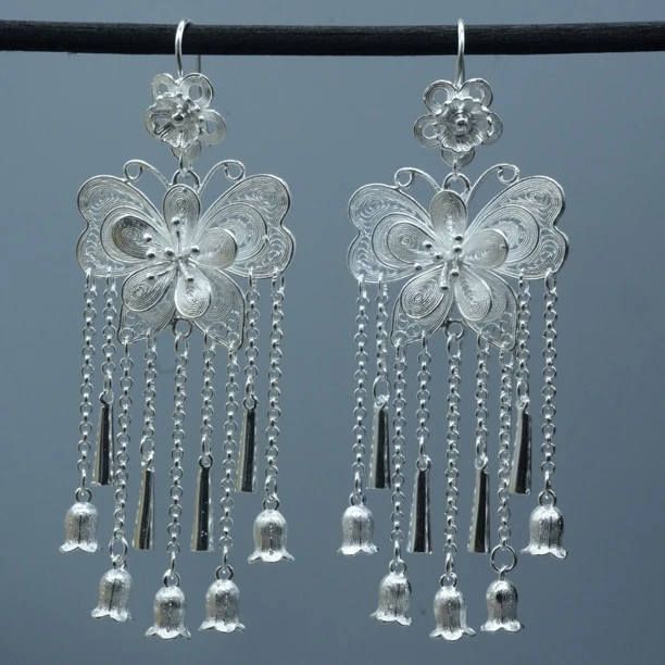 足银耳饰 足银流苏五花蝴蝶风铃女士个性民族风耳环