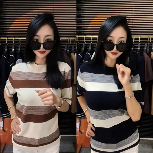 2025男士秋季时尚短袖T恤显瘦网红针织休闲百搭短袖条纹圆领气质