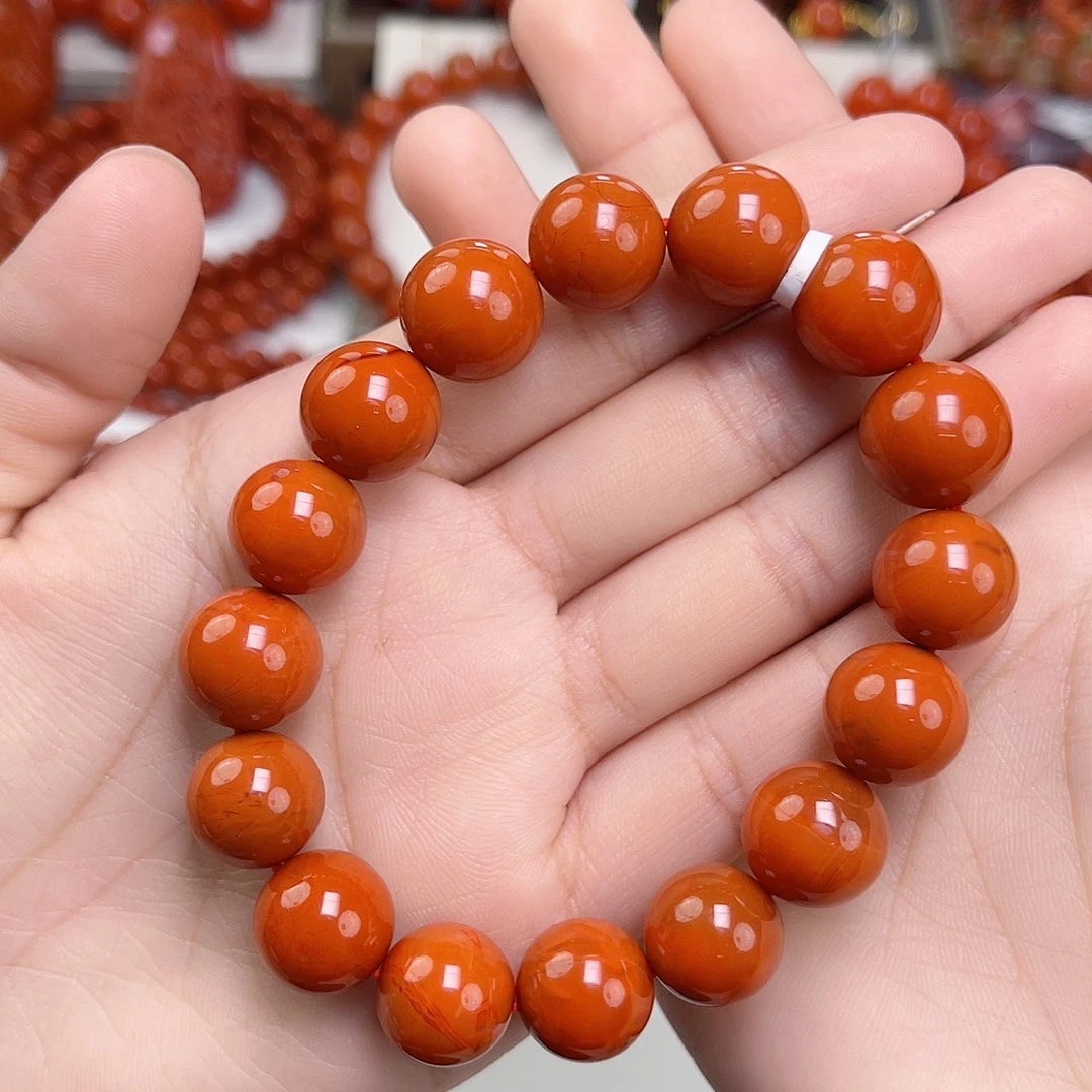 秋***雨南红玛瑙未镶嵌手链保山柿子红满肉单圈13mm