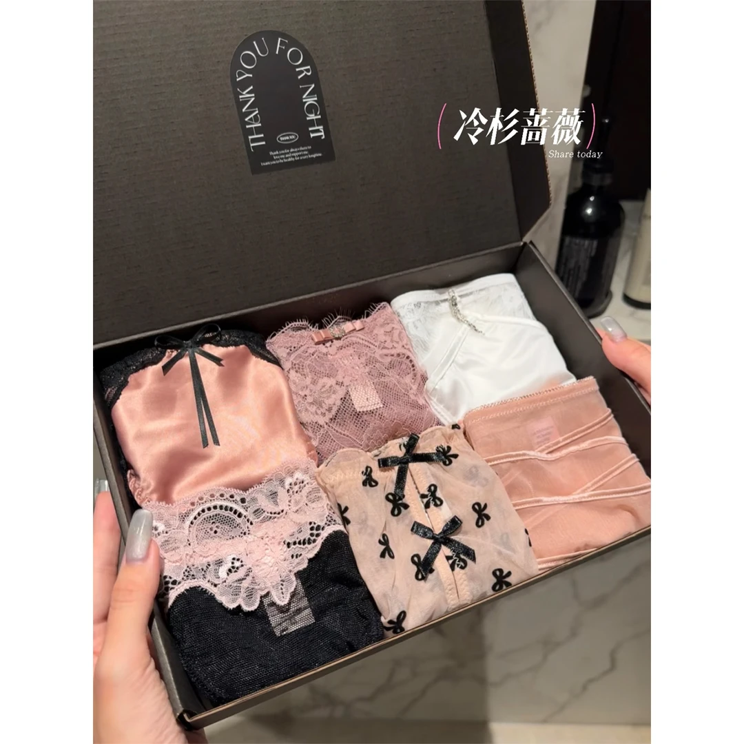 冷杉蔷薇 （气质6条装）法式轻奢蕾丝缎面三角裤女士内裤组合
