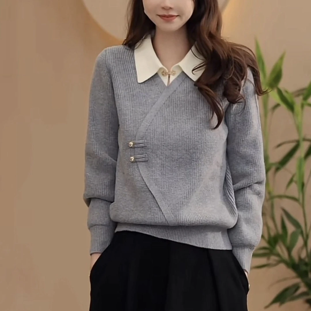 2024秋冬新款新中式拼色假两件长袖上衣女宽松显瘦气质减龄毛衣女