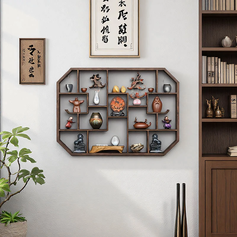博古架实木新中式壁挂上墙茶具展示架挂墙收纳架现代多宝阁古董架