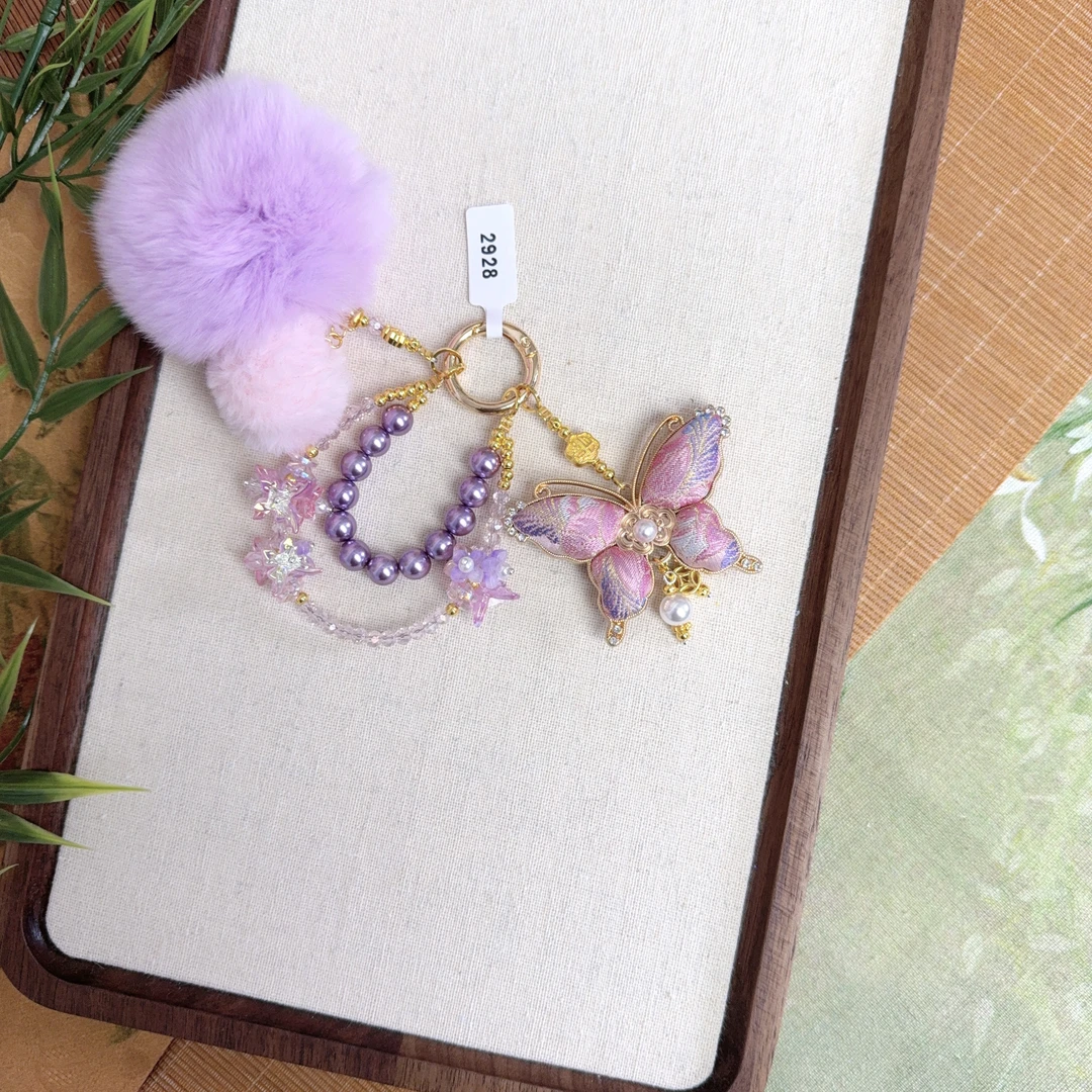 2928-麒麟牡丹双面蝴蝶挂件手机链新中式国风包挂