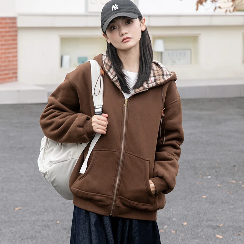 【现货】卡农家格纹两面穿拉链加绒卫衣女25秋冬季新款宽松连帽上衣
