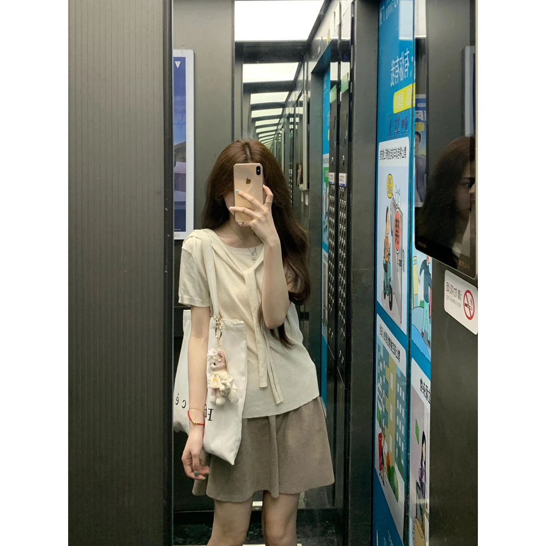 甜美温柔风套装披肩短袖T恤女夏季高腰a字半身短裙气质两件套时尚