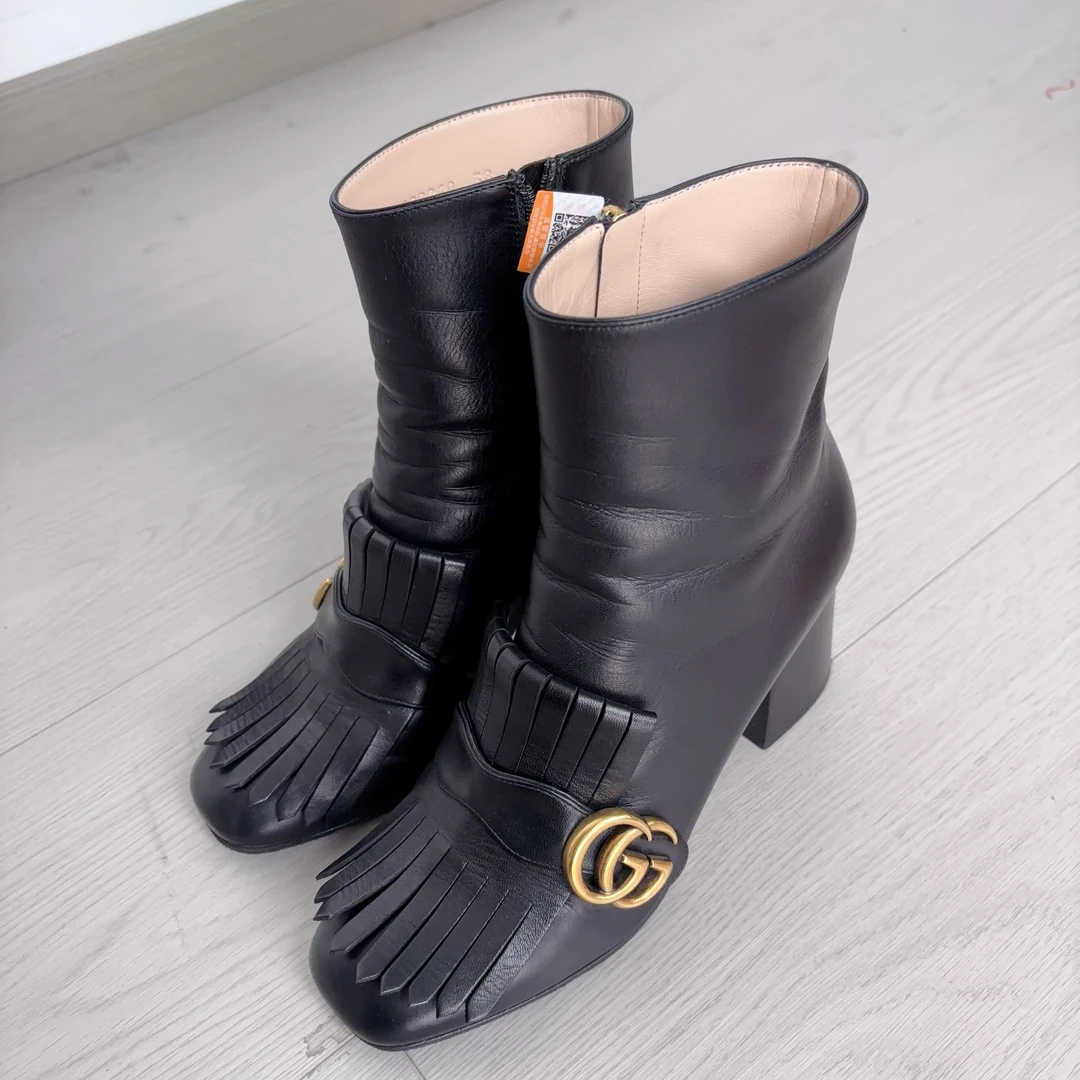 95新 GUCCI/古驰  古驰牛皮粗跟短靴38码黑色/ 251101TLL5A08