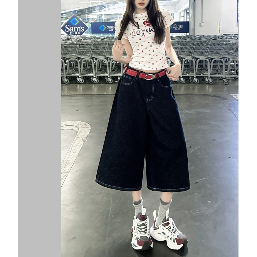 美式深蓝丹宁色七分牛仔中裤女2025夏季新款直筒宽松阔腿七分中裤