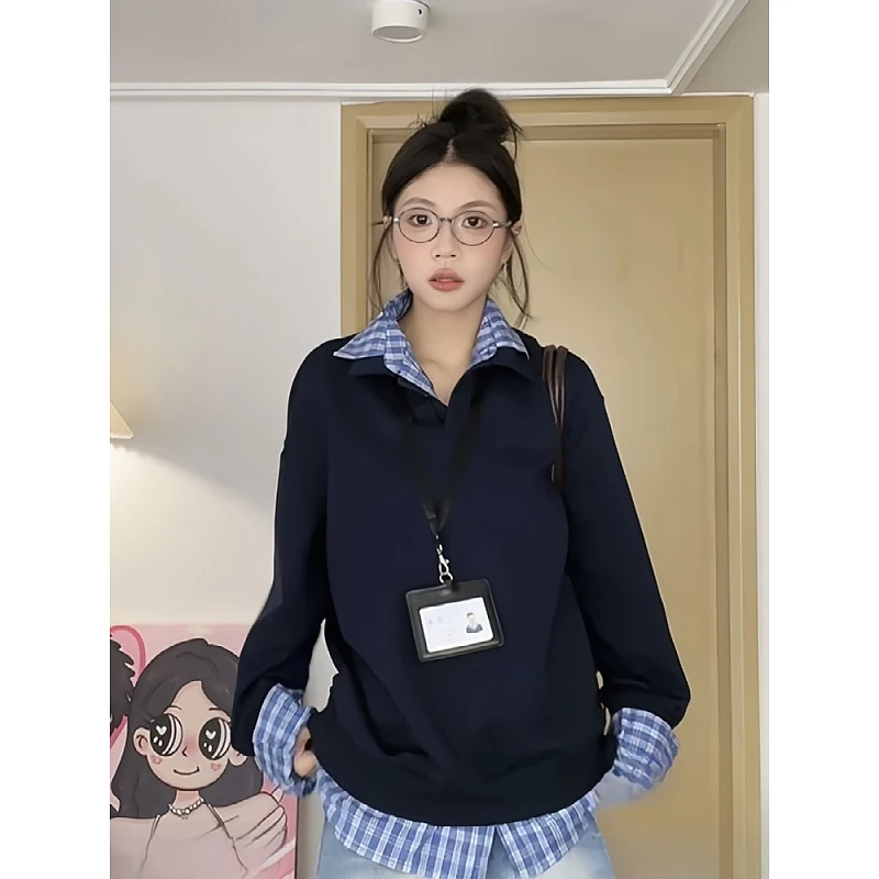 大码胖MM格子拼接复古长袖卫衣女秋季新款小众休闲设计感显瘦上衣