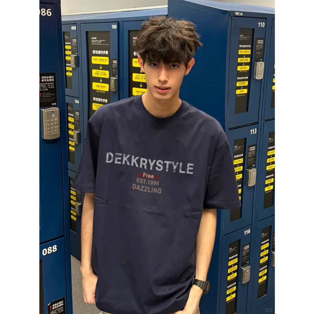 100%纯棉美式复古斑驳字母印花短袖T恤夏季男女个性休闲宽松上衣