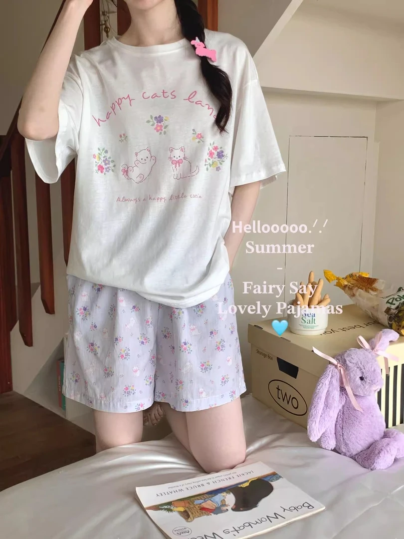 Fairy Say 2025春夏款韩系甜美家居服短袖短裤两件套装睡衣女原创