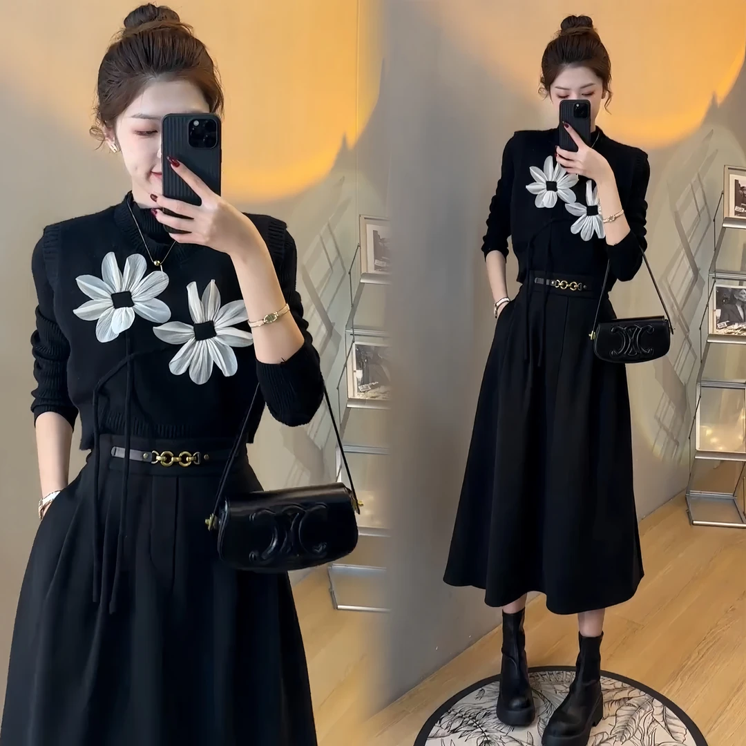 春秋新款高腰A字纯色中长款百褶半身裙重工立体钩花套头马甲套装