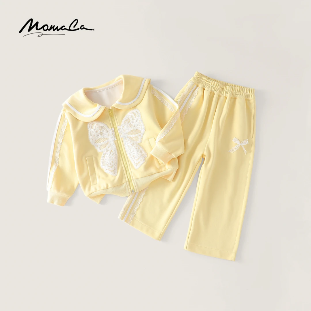 MOMOCO春季新款女童韩版黄色蝴蝶结蕾丝拼接时尚套装77520580006