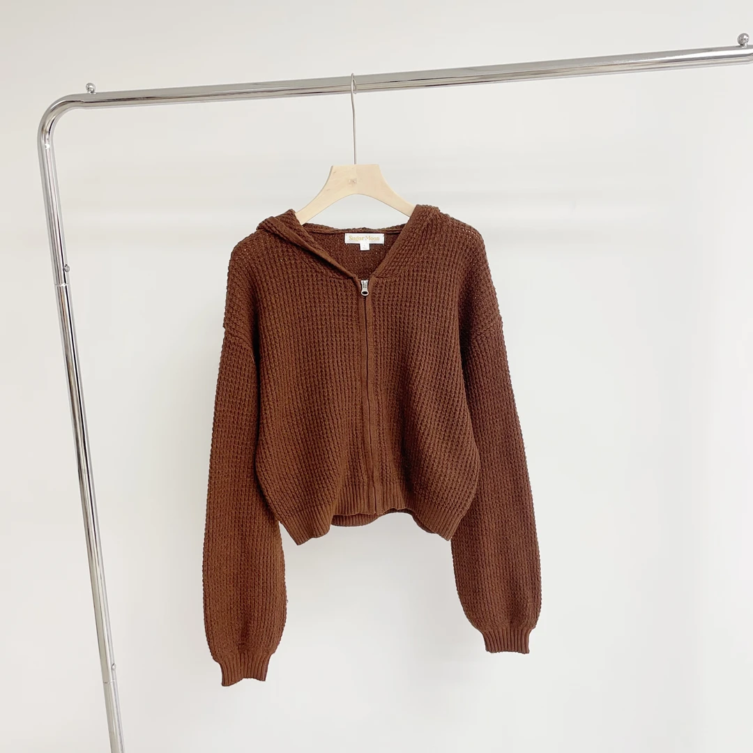 E222 深棕色带拉链带帽休闲开衫针织毛衣