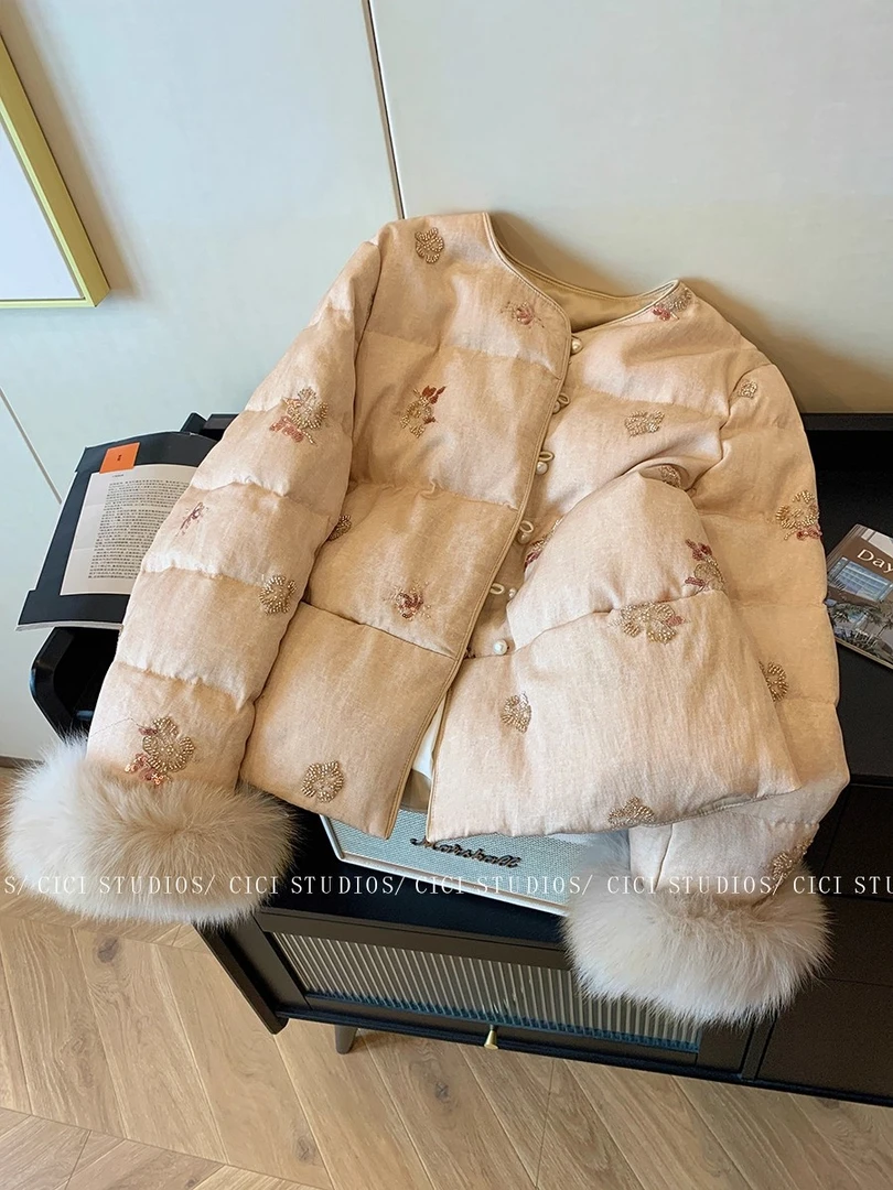 复古亮片钉珠新中式棉服棉衣2025冬季新款国风盘扣气质保暖短外套