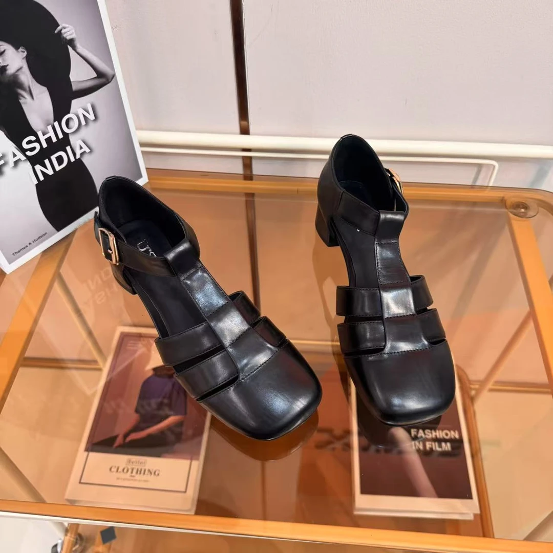 D25030 2025 罗马 编织新款 法式时尚 百搭圆头 中跟 镂空单鞋女