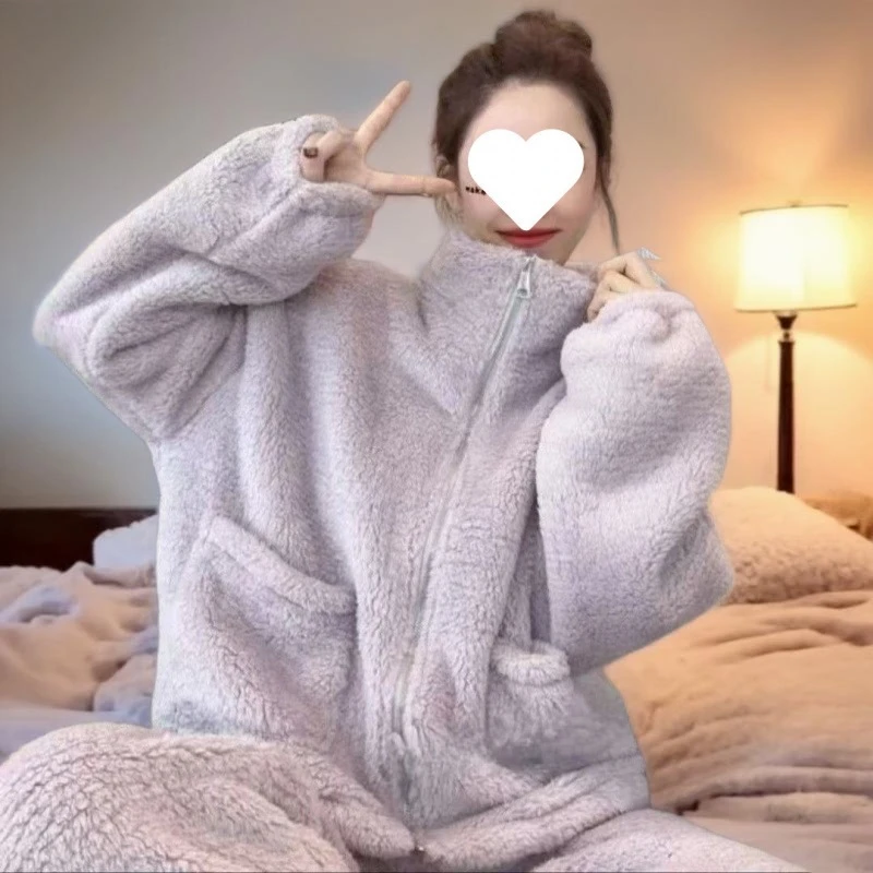 女士冬季保暖宽松外穿珊瑚绒睡衣家居服套装时尚休闲加厚加绒睡衣