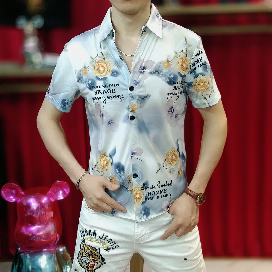 新款夏季男士时尚高品质翻领帅气衬衣百搭修身提花薄款冰丝衬衫