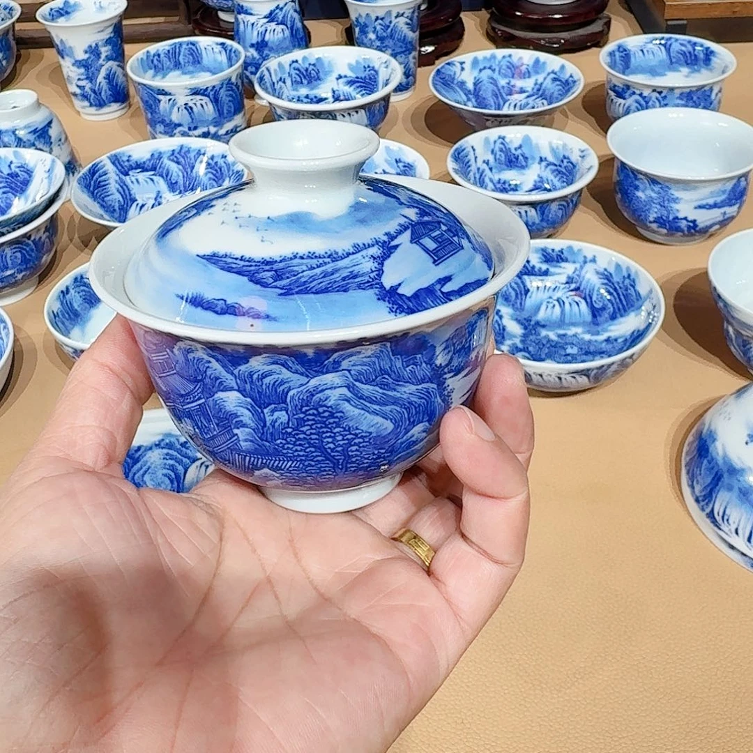 花***海景德镇纯手绘盖碗微瑕