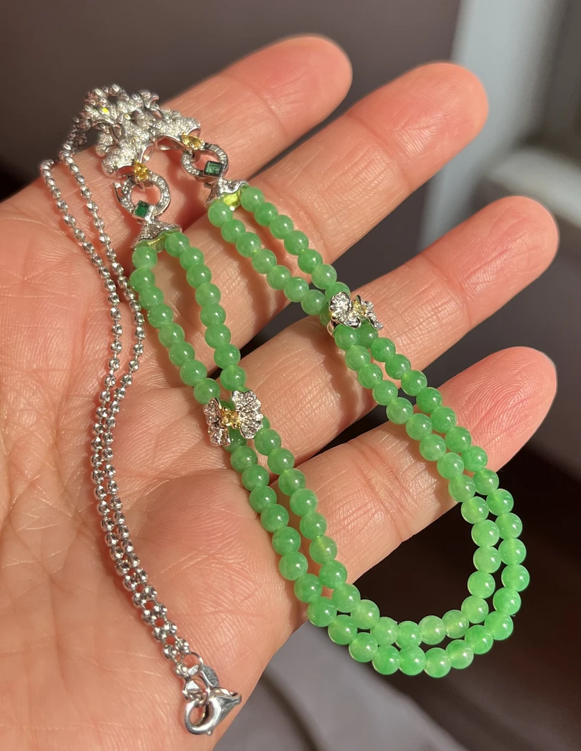 缅甸翡翠A货木那甜绿设计款珠珠项链18k金小米珠卡3.5