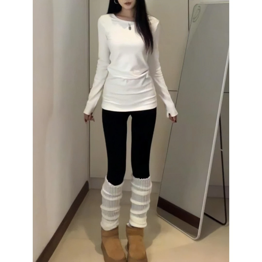 冬季新款纯色保暖双面德绒百搭打底衫女修身慵懒风穿搭上衣服