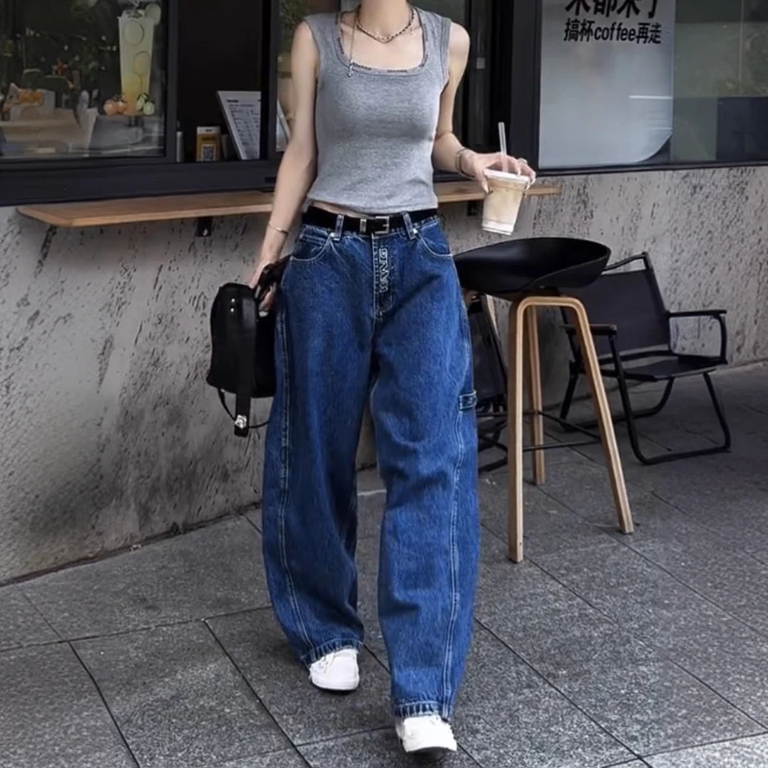 欧货设计感字母直筒牛仔裤女秋季新款梨型身材高腰宽松显瘦阔腿裤